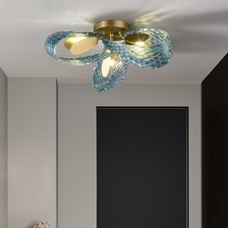 Modern Luxury Copper Glass Flake Peacock 3/6/9 Light Semi-Flush Mount Ceiling Light For Living Room