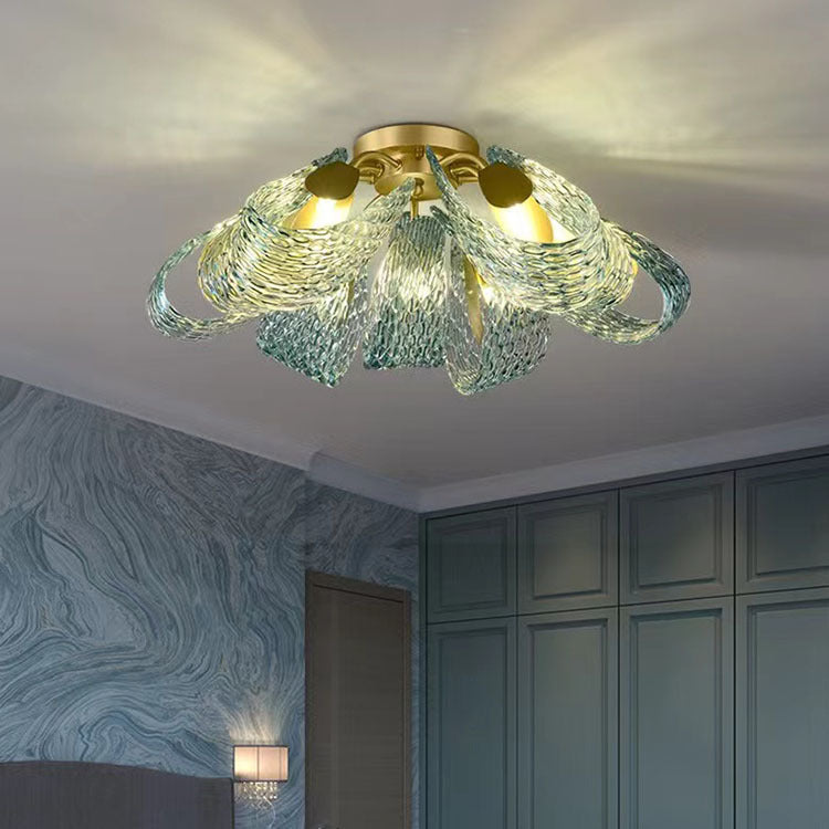 Modern Luxury Copper Glass Flake Peacock 3/6/9 Light Semi-Flush Mount Ceiling Light For Living Room