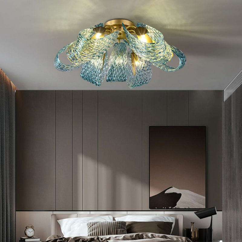 Modern Luxury Copper Glass Flake Peacock 3/6/9 Light Semi-Flush Mount Ceiling Light For Living Room