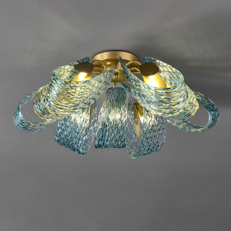 Modern Luxury Copper Glass Flake Peacock 3/6/9 Light Semi-Flush Mount Ceiling Light For Living Room