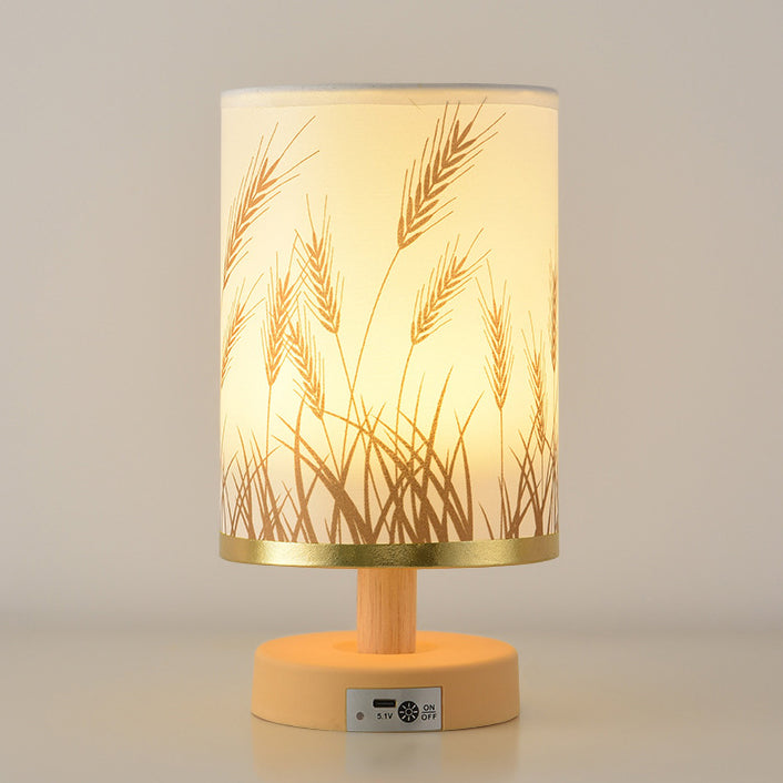 Contemporary Nordic Rechargeable PP Wood Fabric Cylinder Maize LED Table Lamp For Bedside