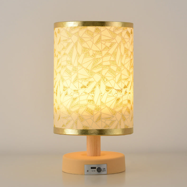 Contemporary Nordic Rechargeable PP Wood Fabric Cylinder Maize LED Table Lamp For Bedside