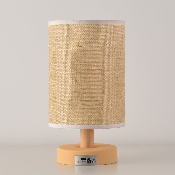 Contemporary Nordic Rechargeable PP Wood Fabric Cylinder Maize LED Table Lamp For Bedside