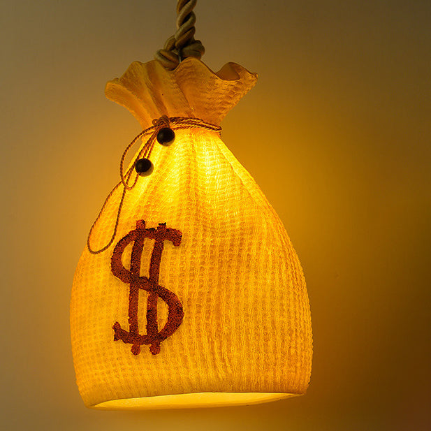 Contemporary Creative Resin Hemp Rope Money Bag Dollar Sign 1-Light Pendant Light For Dining Room