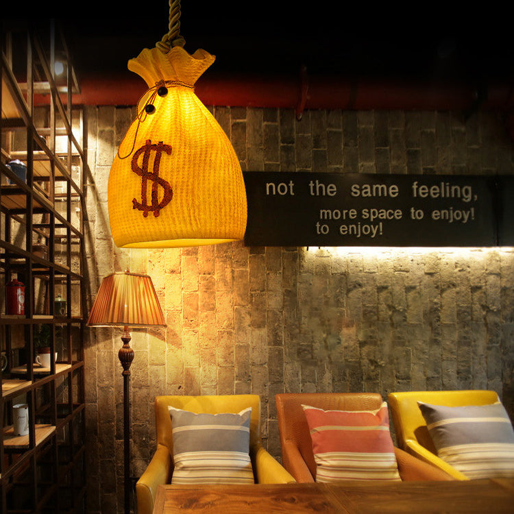 Contemporary Creative Resin Hemp Rope Money Bag Dollar Sign 1-Light Pendant Light For Dining Room