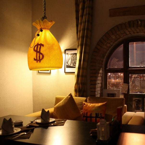 Contemporary Creative Resin Hemp Rope Money Bag Dollar Sign 1-Light Pendant Light For Dining Room