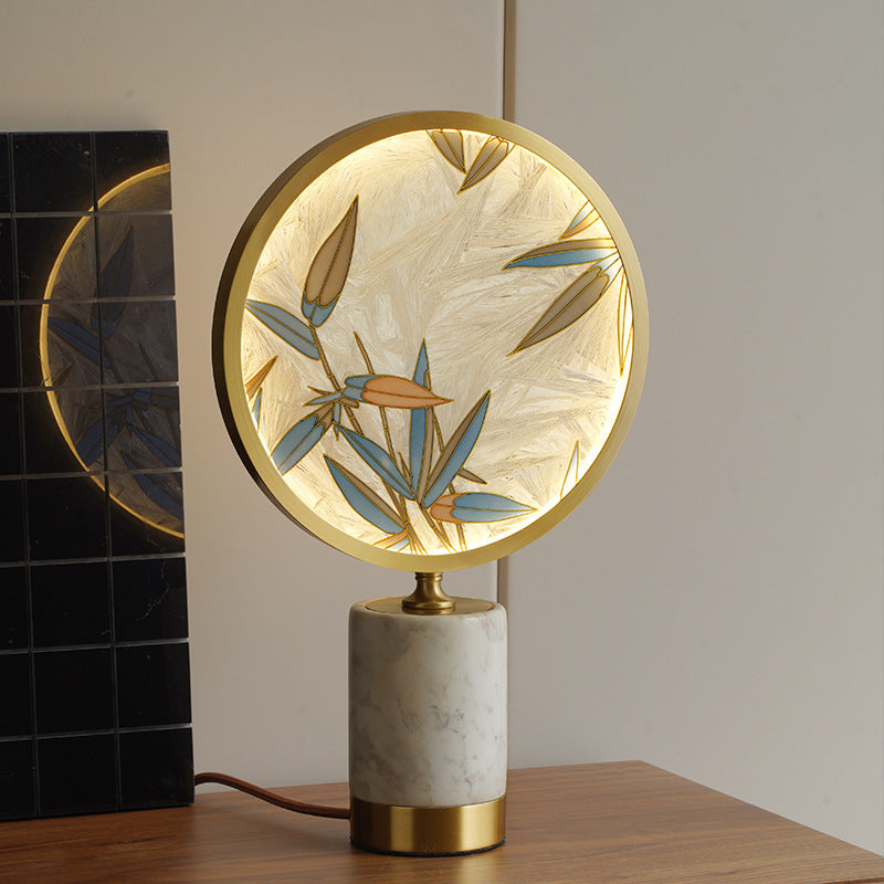 Traditional Chinese Brass Marble Glass Glaze Round Handmade Painted Bamboo Leaves LED Table Lamp For Bedside