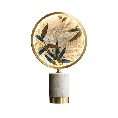 Traditional Chinese Brass Marble Glass Glaze Round Handmade Painted Bamboo Leaves LED Table Lamp For Bedside