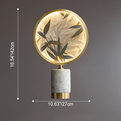 Traditional Chinese Brass Marble Glass Glaze Round Handmade Painted Bamboo Leaves LED Table Lamp For Bedside