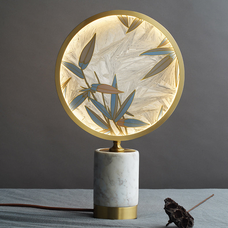 Traditional Chinese Brass Marble Glass Glaze Round Handmade Painted Bamboo Leaves LED Table Lamp For Bedside