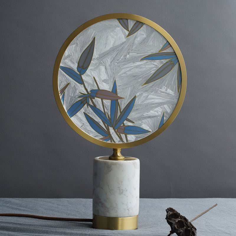 Traditional Chinese Brass Marble Glass Glaze Round Handmade Painted Bamboo Leaves LED Table Lamp For Bedside