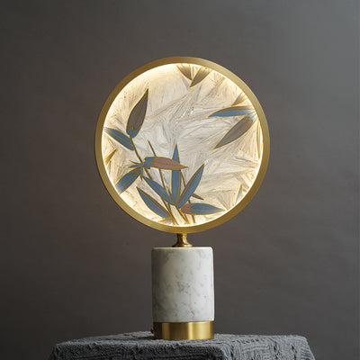 Traditional Chinese Brass Marble Glass Glaze Round Handmade Painted Bamboo Leaves LED Table Lamp For Bedside