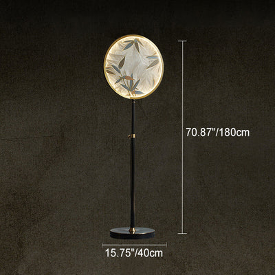 Traditional Chinese Brass Marble Glass Glaze Round Handmade Painted Bamboo Leaves LED Standing Floor Lamp Adjustable For Living Room