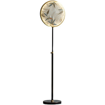 Traditional Chinese Brass Marble Glass Glaze Round Handmade Painted Bamboo Leaves LED Standing Floor Lamp Adjustable For Living Room