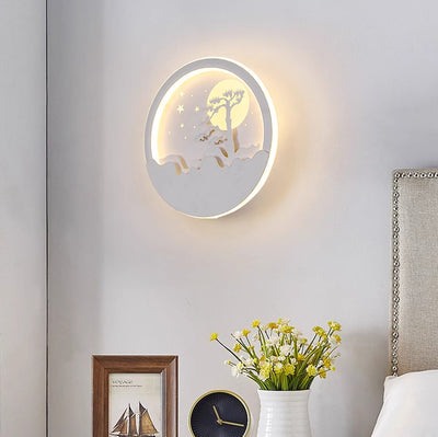 Contemporary Nordic Iron Acrylic Silica Round Moon Deer Pine Tree LED Wall Sconce Lamp For Bedside