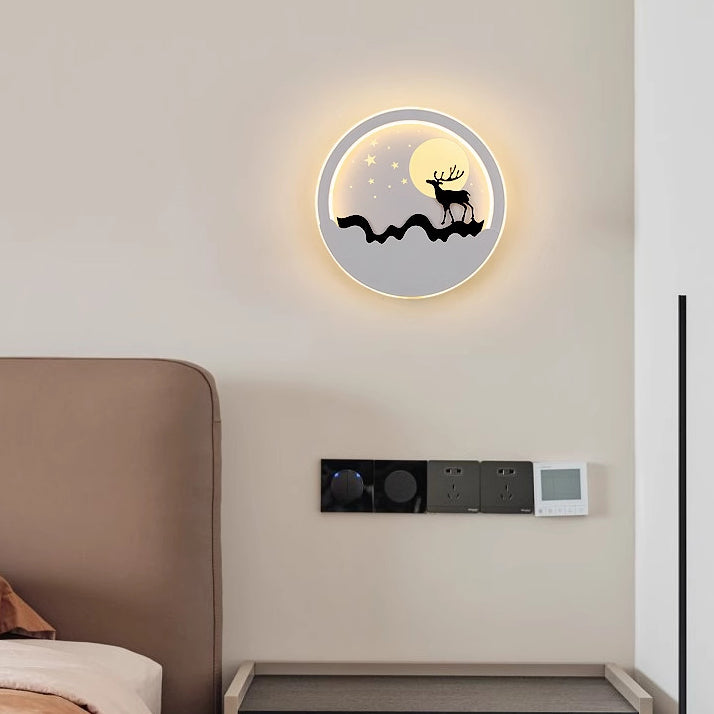 Contemporary Nordic Iron Acrylic Silica Round Moon Deer Pine Tree LED Wall Sconce Lamp For Bedside