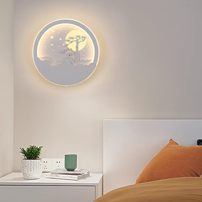 Contemporary Nordic Iron Acrylic Silica Round Moon Deer Pine Tree LED Wall Sconce Lamp For Bedside