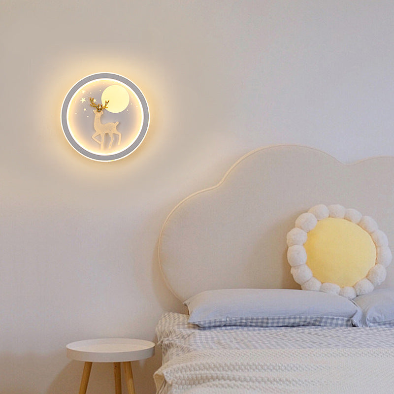 Contemporary Nordic Iron Acrylic Silica Round Moon Deer Pine Tree LED Wall Sconce Lamp For Bedside