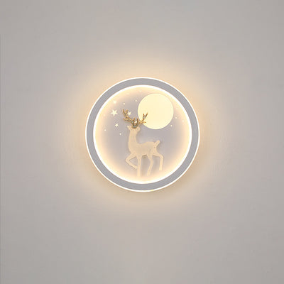 Contemporary Nordic Iron Acrylic Silica Round Moon Deer Pine Tree LED Wall Sconce Lamp For Bedside