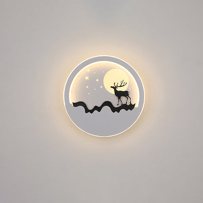 Contemporary Nordic Iron Acrylic Silica Round Moon Deer Pine Tree LED Wall Sconce Lamp For Bedside