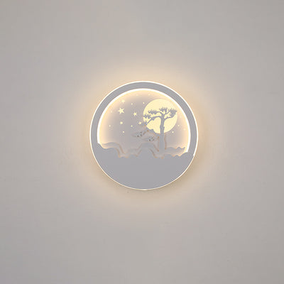 Contemporary Nordic Iron Acrylic Silica Round Moon Deer Pine Tree LED Wall Sconce Lamp For Bedside