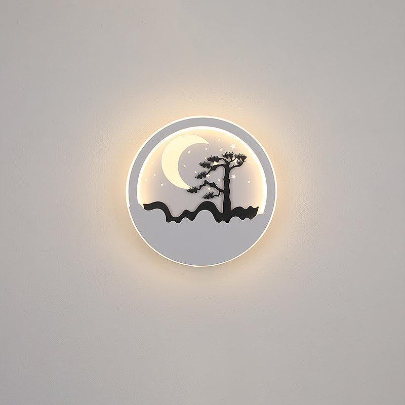 Contemporary Nordic Iron Acrylic Silica Round Moon Deer Pine Tree LED Wall Sconce Lamp For Bedside