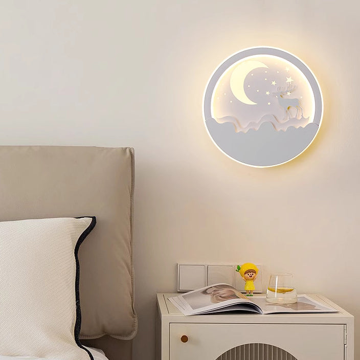 Contemporary Nordic Iron Acrylic Silica Round Moon Deer Pine Tree LED Wall Sconce Lamp For Bedside