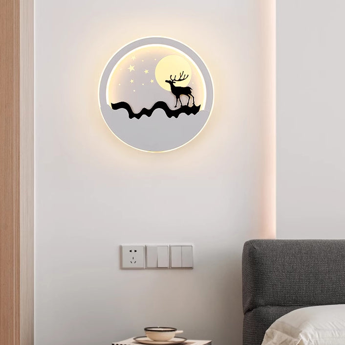 Contemporary Nordic Iron Acrylic Silica Round Moon Deer Pine Tree LED Wall Sconce Lamp For Bedside