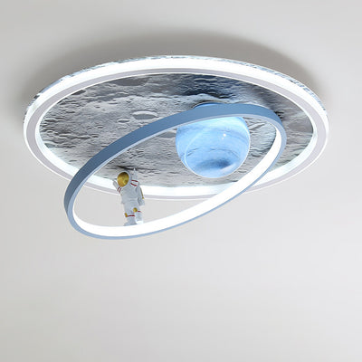 Contemporary Scandinavian Kids Iron Aluminum Resin Acrylic Round Moon Astronaut LED Flush Mount Ceiling Light For Bedroom