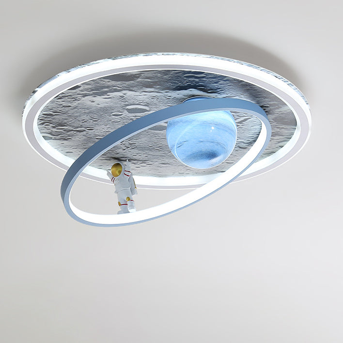 Contemporary Scandinavian Kids Iron Aluminum Resin Acrylic Round Moon Astronaut LED Flush Mount Ceiling Light For Bedroom