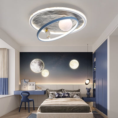 Contemporary Scandinavian Kids Iron Aluminum Resin Acrylic Round Moon Astronaut LED Flush Mount Ceiling Light For Bedroom