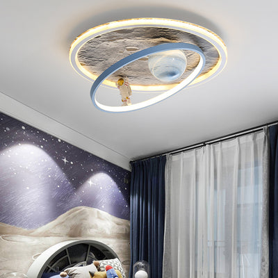 Contemporary Scandinavian Kids Iron Aluminum Resin Acrylic Round Moon Astronaut LED Flush Mount Ceiling Light For Bedroom