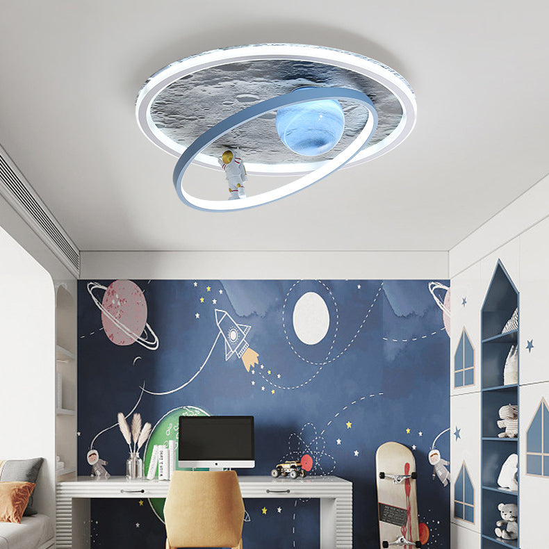 Contemporary Scandinavian Kids Iron Aluminum Resin Acrylic Round Moon Astronaut LED Flush Mount Ceiling Light For Bedroom