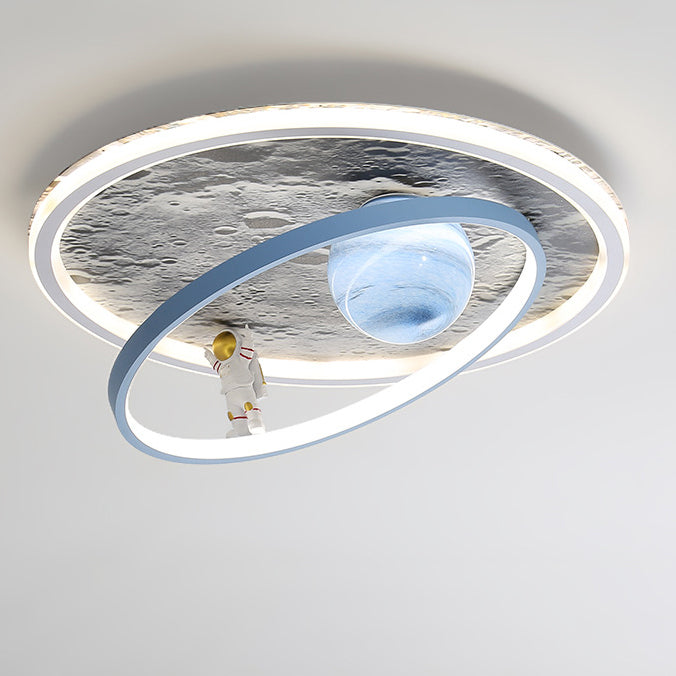 Contemporary Scandinavian Kids Iron Aluminum Resin Acrylic Round Moon Astronaut LED Flush Mount Ceiling Light For Bedroom