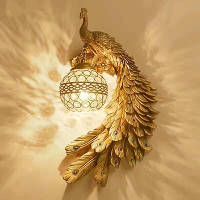 Traditional European Resin Crystal Peacock Ball 1-Light Wall Sconce Lamp For Hallway