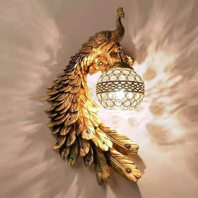 Traditional European Resin Crystal Peacock Ball 1-Light Wall Sconce Lamp For Hallway