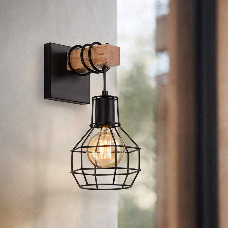 Contemporary Industrial Metal Wood Cage Grenade 1-Light Wall Sconce Lamp For Kitchen