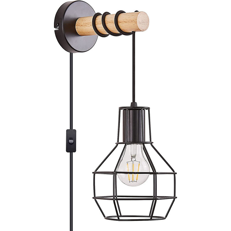 Contemporary Industrial Metal Wood Cage Grenade 1-Light Wall Sconce Lamp For Kitchen