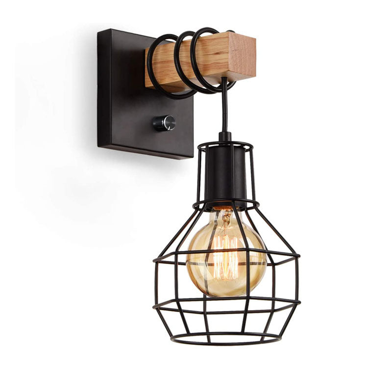 Contemporary Industrial Metal Wood Cage Grenade 1-Light Wall Sconce Lamp For Kitchen