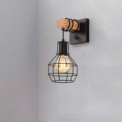 Contemporary Industrial Metal Wood Cage Grenade 1-Light Wall Sconce Lamp For Kitchen