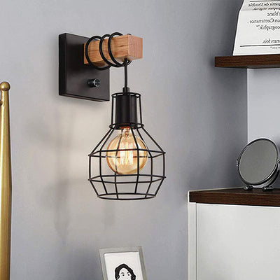 Contemporary Industrial Metal Wood Cage Grenade 1-Light Wall Sconce Lamp For Kitchen