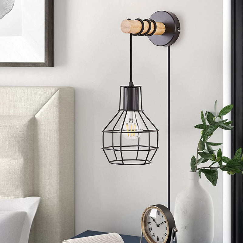 Contemporary Industrial Metal Wood Cage Grenade 1-Light Wall Sconce Lamp For Kitchen