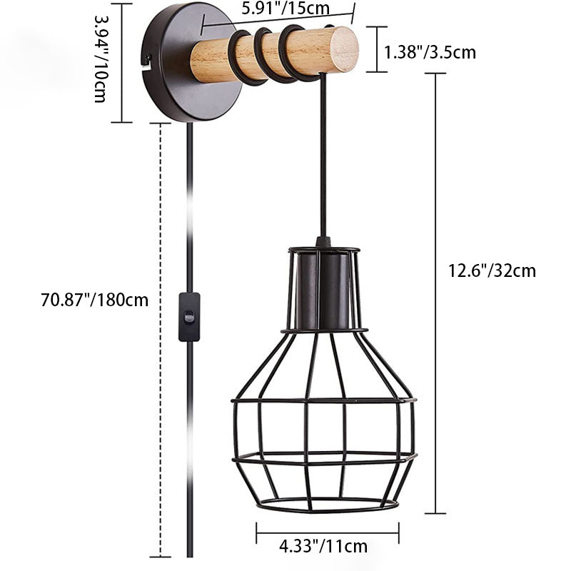 Contemporary Industrial Metal Wood Cage Grenade 1-Light Wall Sconce Lamp For Kitchen