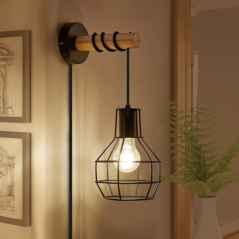 Contemporary Industrial Metal Wood Cage Grenade 1-Light Wall Sconce Lamp For Kitchen