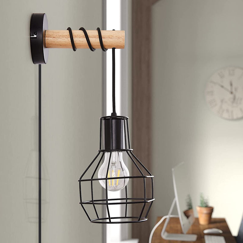 Contemporary Industrial Metal Wood Cage Grenade 1-Light Wall Sconce Lamp For Kitchen