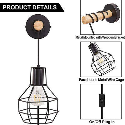 Contemporary Industrial Metal Wood Cage Grenade 1-Light Wall Sconce Lamp For Kitchen