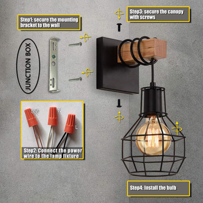 Contemporary Industrial Metal Wood Cage Grenade 1-Light Wall Sconce Lamp For Kitchen