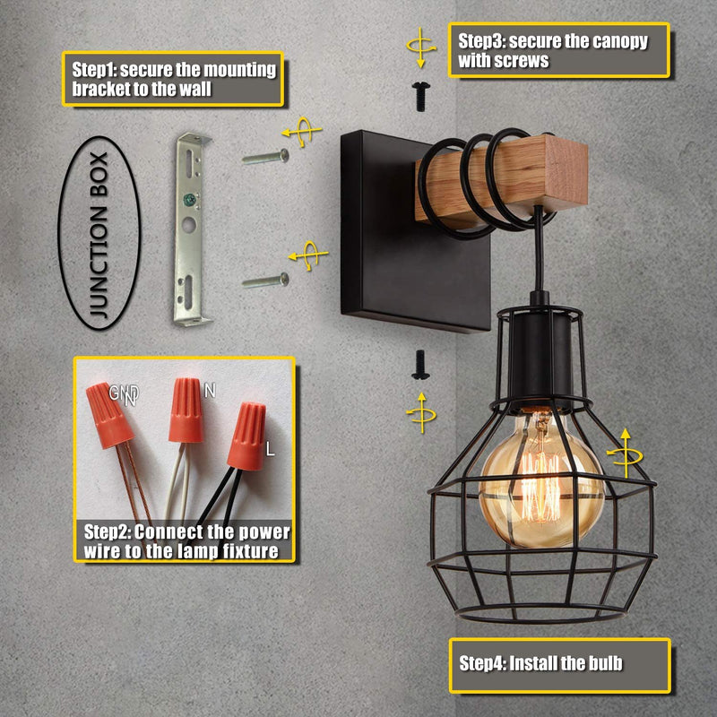 Zeitgenössische Industrie Metall Holz Käfig Granate 1-Licht Wandleuchte Lampe für Küche 