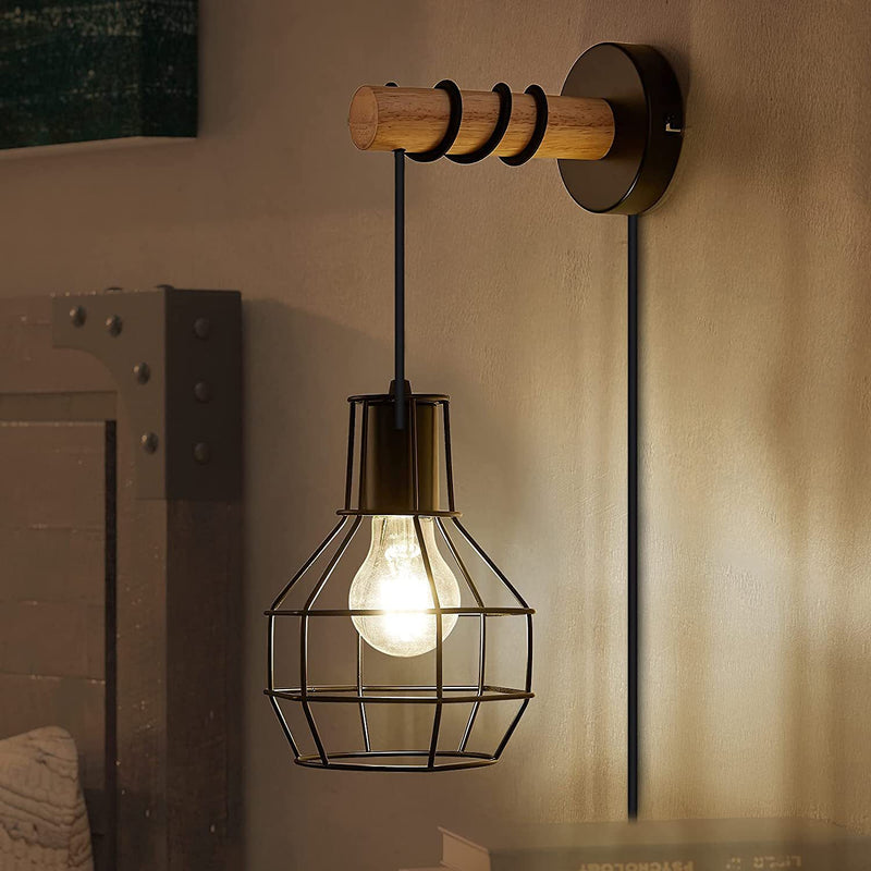 Contemporary Industrial Metal Wood Cage Grenade 1-Light Wall Sconce Lamp For Kitchen