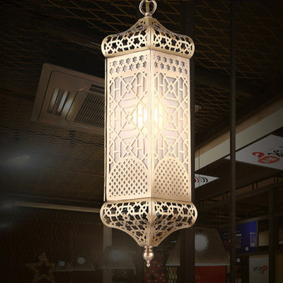 Contemporary Boho Copper Glass Cylinder Hollowed Carved 1-Light Pendant Light For Dining Room